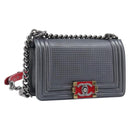 CHANEL Boy Chanel Medium Chain Shoulder Bag Lamb Skin Gray Silver Auth ka6676A-1