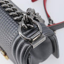 CHANEL Boy Chanel Medium Chain Shoulder Bag Lamb Skin Gray Silver Auth ka6676A-16