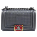 CHANEL Boy Chanel Medium Chain Shoulder Bag Lamb Skin Gray Silver Auth ka6676A-2