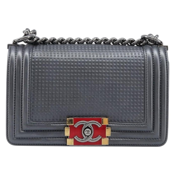 CHANEL Boy Chanel Medium Chain Shoulder Bag Lamb Skin Gray Silver Auth ka6676A