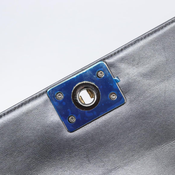 CHANEL Boy Chanel Medium Chain Shoulder Bag Lamb Skin Gray Silver Auth ka6676A
