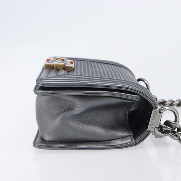 CHANEL Boy Chanel Medium Chain Shoulder Bag Lamb Skin Gray Silver Auth ka6676A