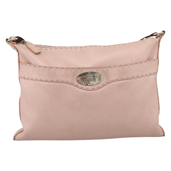 FENDI Celeria Shoulder Bag Leather Beige Silver 8BT093 Auth ka6684