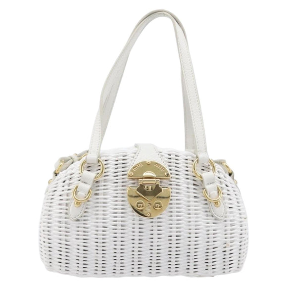 Miu Miu Wicker Hand Bag Raffia 2way White Gold Tone Auth ka6703M