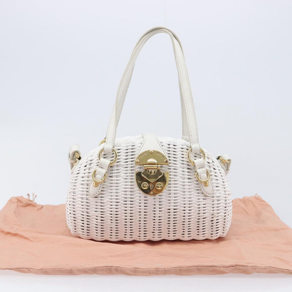 Miu Miu Wicker Hand Bag Raffia 2way White Gold Tone Auth ka6703M