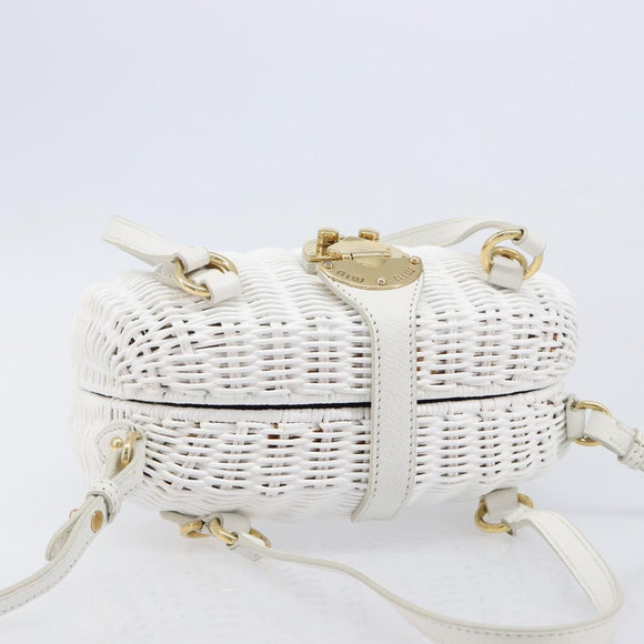 Miu Miu Wicker Hand Bag Raffia 2way White Gold Tone Auth ka6703M