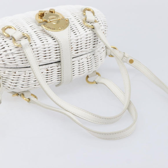 Miu Miu Wicker Hand Bag Raffia 2way White Gold Tone Auth ka6703M