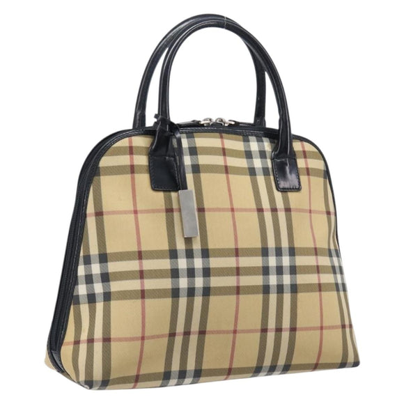 BURBERRY Nova Check Hand Bag PVC Leather Beige Silver Auth ka6732A