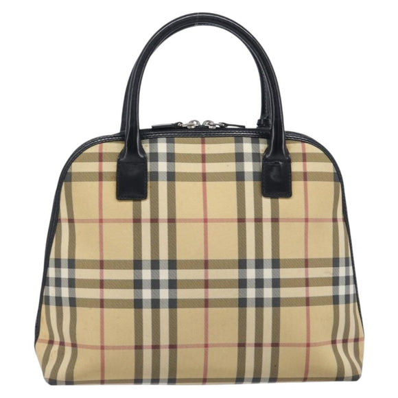 BURBERRY Nova Check Hand Bag PVC Leather Beige Silver Auth ka6732A