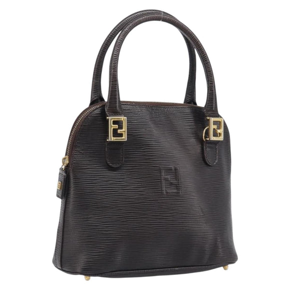 FENDI Hand Bag Leather Dark Brown Gold Tone Auth ka6733