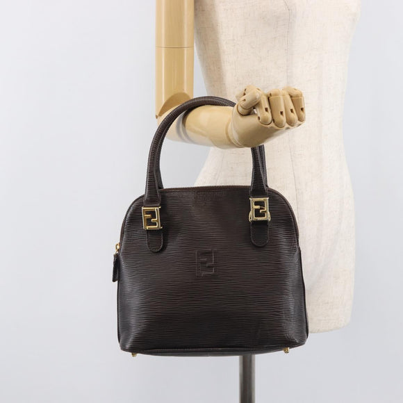 FENDI Hand Bag Leather Dark Brown Gold Tone Auth ka6733