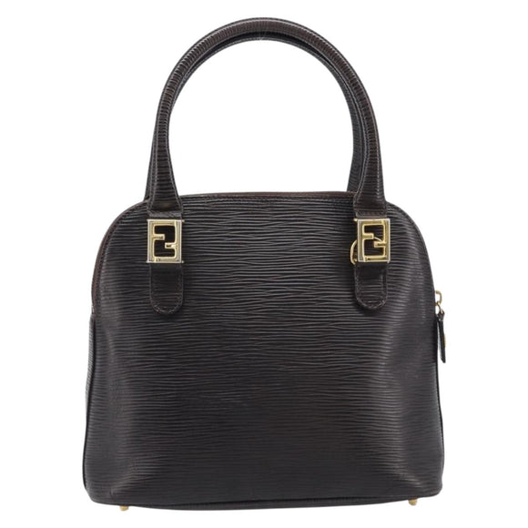 FENDI Hand Bag Leather Dark Brown Gold Tone Auth ka6733