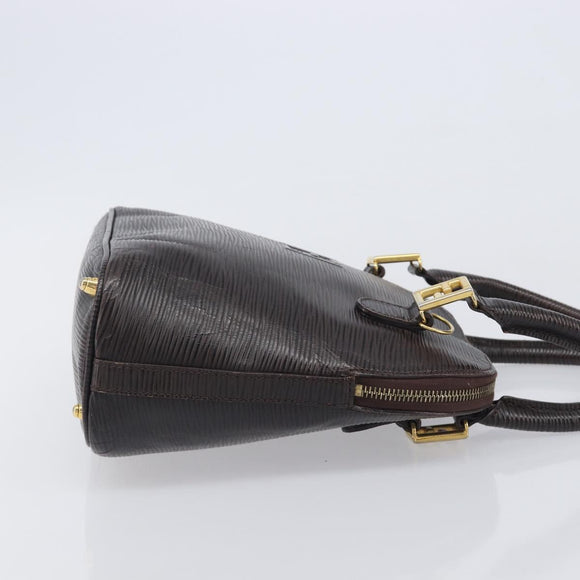 FENDI Hand Bag Leather Dark Brown Gold Tone Auth ka6733