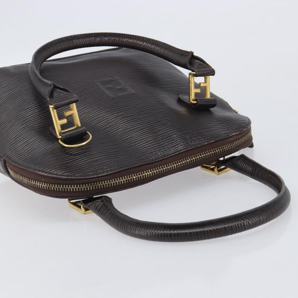 FENDI Hand Bag Leather Dark Brown Gold Tone Auth ka6733