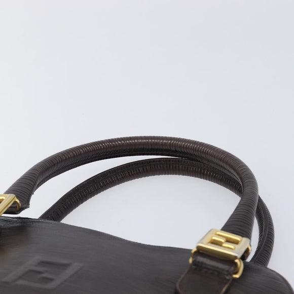 FENDI Hand Bag Leather Dark Brown Gold Tone Auth ka6733