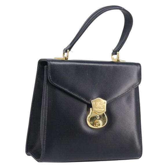 Burberrys Hand Bag Leather Black Gold Tone Auth ka6735