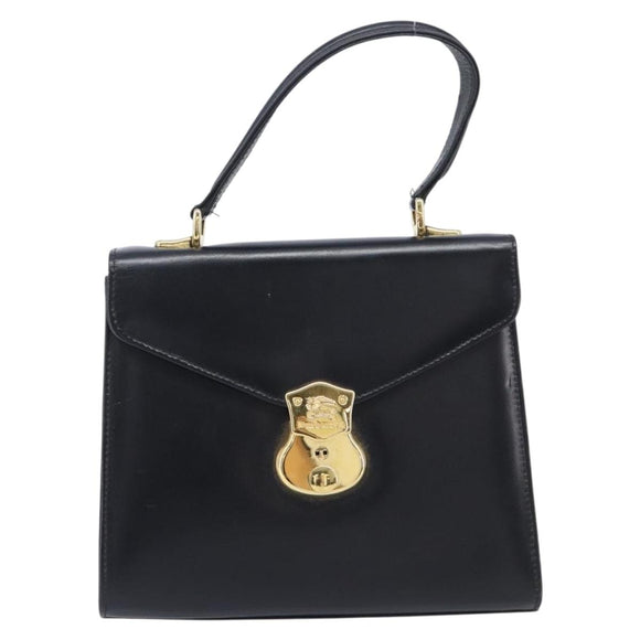 Burberrys Hand Bag Leather Black Gold Tone Auth ka6735