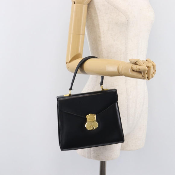 Burberrys Hand Bag Leather Black Gold Tone Auth ka6735