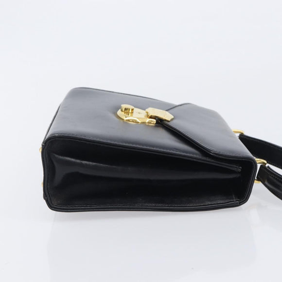 Burberrys Hand Bag Leather Black Gold Tone Auth ka6735