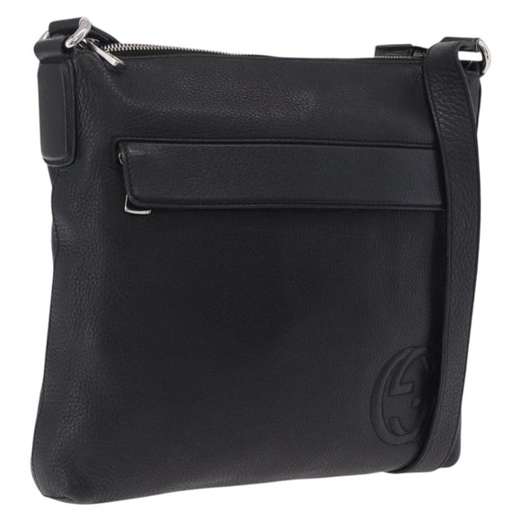 GUCCI Interlocking Shoulder Bag Leather Black Silver 322059 Auth ka6794V