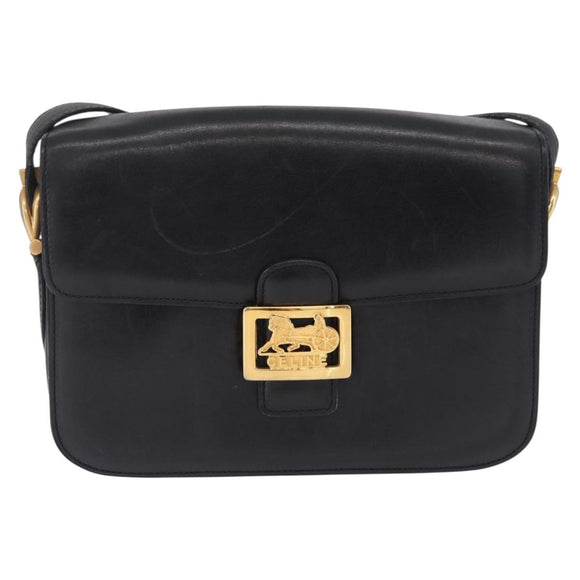 CELINE Horse Carriage Shoulder Bag Leather Black Gold Auth ka6798