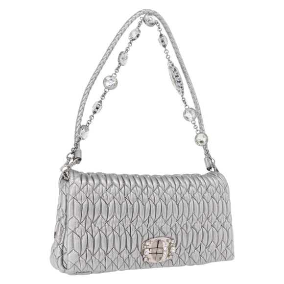 Miu Miu Matelasse Shoulder Bag Leather Silver Auth ka6801V
