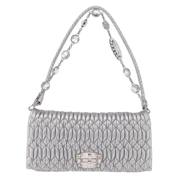 Miu Miu Matelasse Shoulder Bag Leather Silver Auth ka6801V