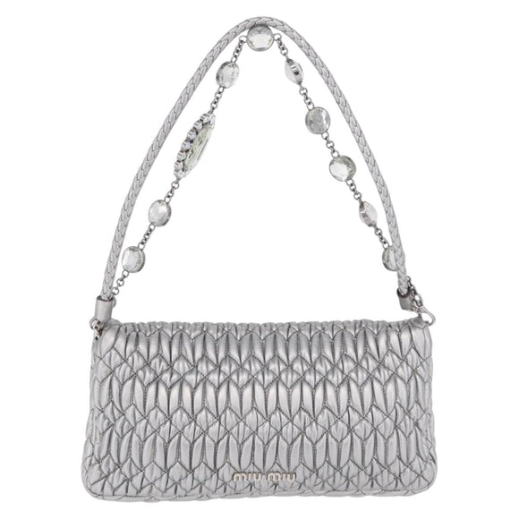 Miu Miu Matelasse Shoulder Bag Leather Silver Auth ka6801V