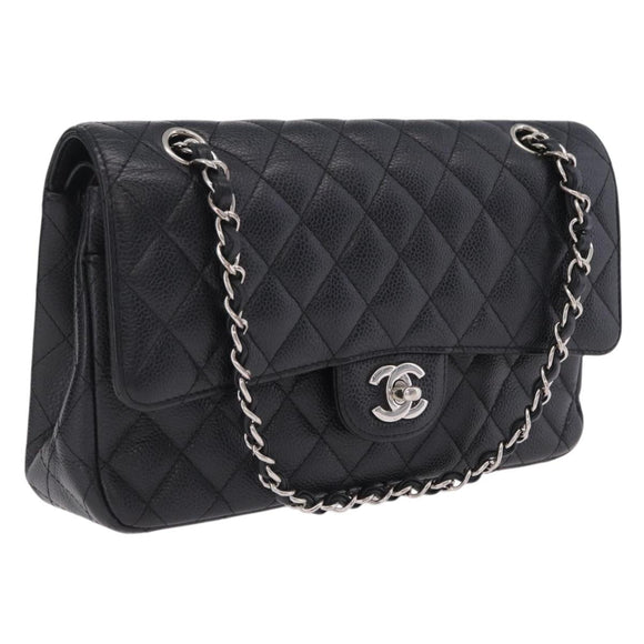 CHANEL Double Flap Chain Matelasse 25 Bag Caviar Skin Black CC Auth ka6806SAM