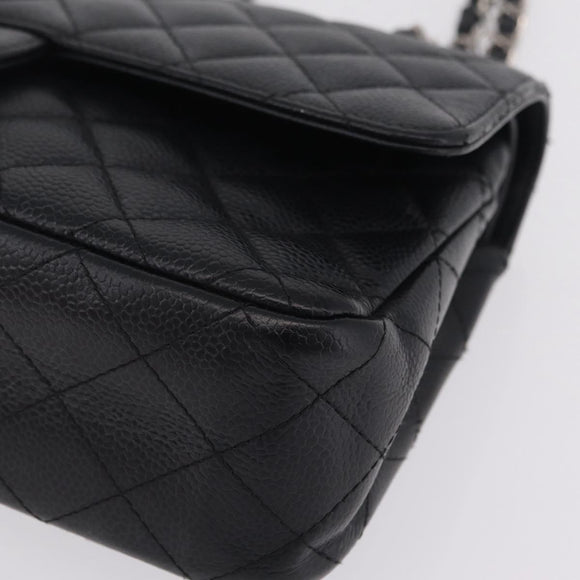 CHANEL Double Flap Chain Matelasse 25 Bag Caviar Skin Black CC Auth ka6806SAM