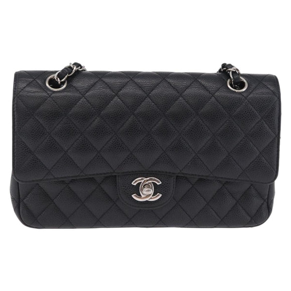 CHANEL Double Flap Chain Matelasse 25 Bag Caviar Skin Black CC Auth ka6806SAM