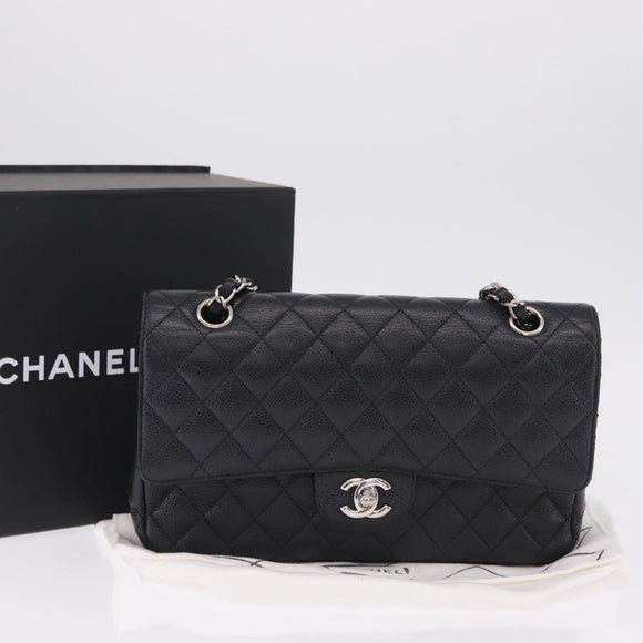 CHANEL Double Flap Chain Matelasse 25 Bag Caviar Skin Black CC Auth ka6806SAM