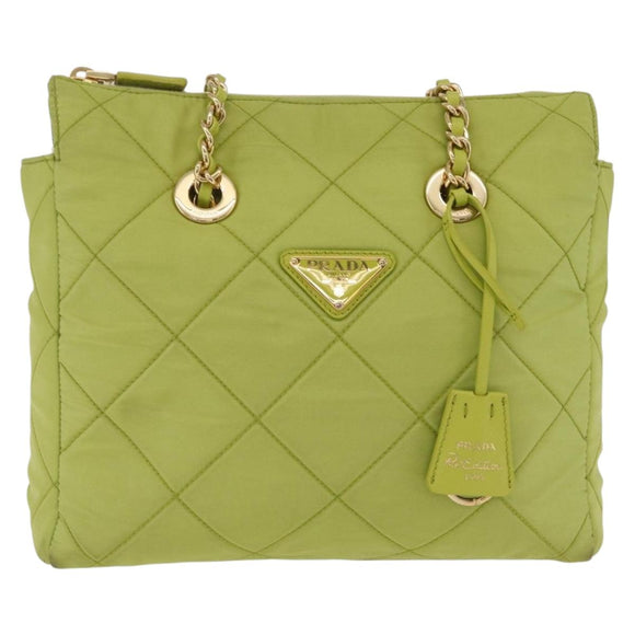 PRADA Chain Shoulder Bag Nylon LIme Green Gold Auth ka6808V