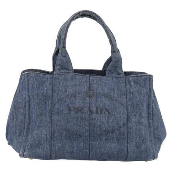 PRADA Canapa MM Hand Bag Denim Blue Gold Auth ka6817