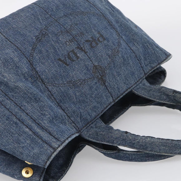 PRADA Canapa MM Hand Bag Denim Blue Gold Auth ka6817