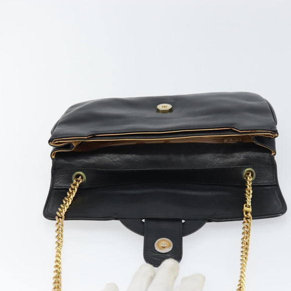 CELINE Chain Shoulder Bag Leather Black Gold Auth ka682