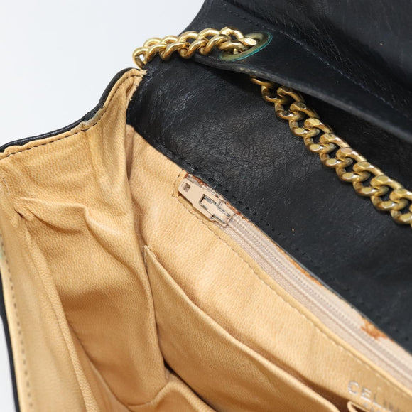 CELINE Chain Shoulder Bag Leather Black Gold Auth ka682