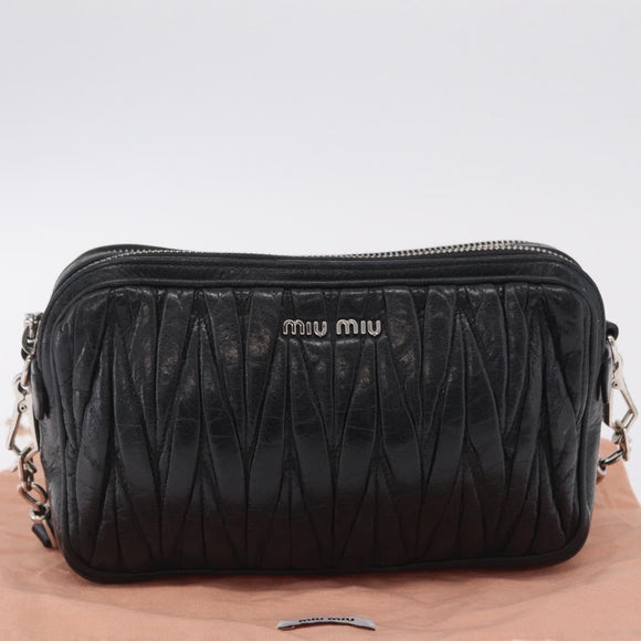Miu Miu Matelasse Shoulder Bag Leather Black Silver Auth ka6824V