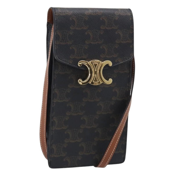 CELINE Macadam Canvas Triomphe Vertical Mobile Pouch PVC Brown Gold Auth ka6842