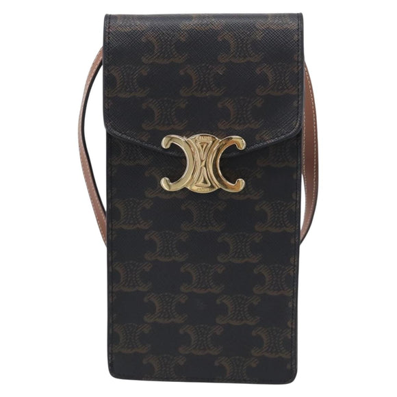 CELINE Macadam Canvas Triomphe Vertical Mobile Pouch PVC Brown Gold Auth ka6842