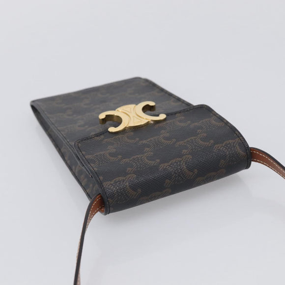 CELINE Macadam Canvas Triomphe Vertical Mobile Pouch PVC Brown Gold Auth ka6842