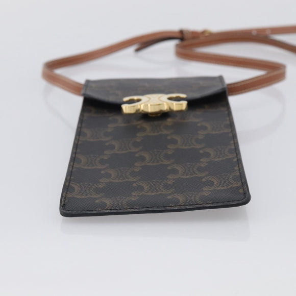 CELINE Macadam Canvas Triomphe Vertical Mobile Pouch PVC Brown Gold Auth ka6842