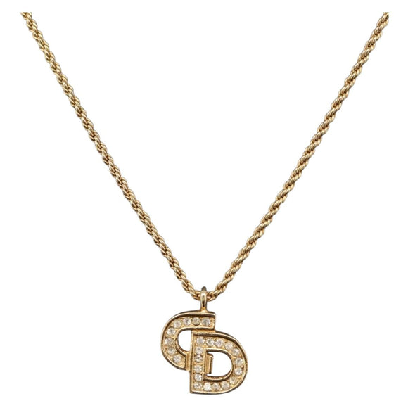 Christian Dior Rhinestone Necklace metal Gold Tone Auth ka6848