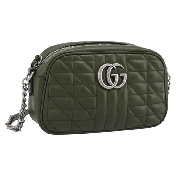 GUCCI GG Marmont Chain Shoulder Bag Leather Khaki Silver 447632 Auth ka6867V