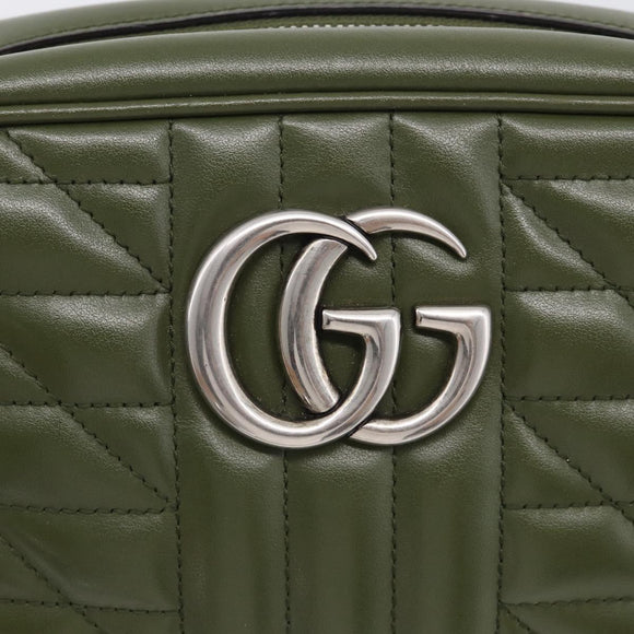 GUCCI GG Marmont Chain Shoulder Bag Leather Khaki Silver 447632 Auth ka6867V