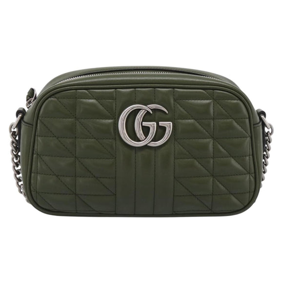 GUCCI GG Marmont Chain Shoulder Bag Leather Khaki Silver 447632 Auth ka6867V