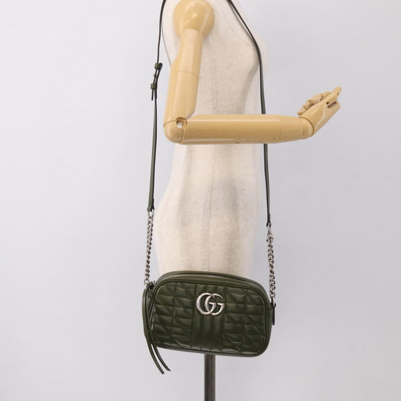 GUCCI GG Marmont Chain Shoulder Bag Leather Khaki Silver 447632 Auth ka6867V