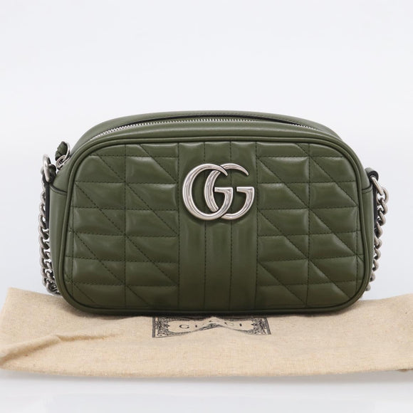 GUCCI GG Marmont Chain Shoulder Bag Leather Khaki Silver 447632 Auth ka6867V