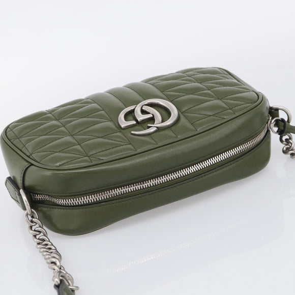 GUCCI GG Marmont Chain Shoulder Bag Leather Khaki Silver 447632 Auth ka6867V