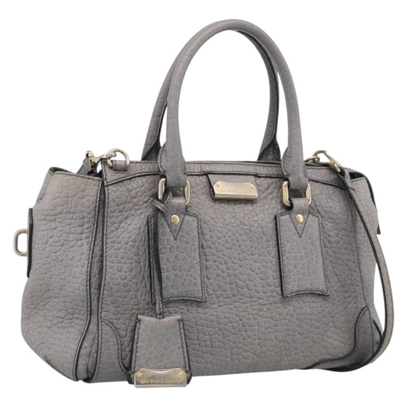 BURBERRY Hand Bag Leather 2way Gray Gold Auth ka6879